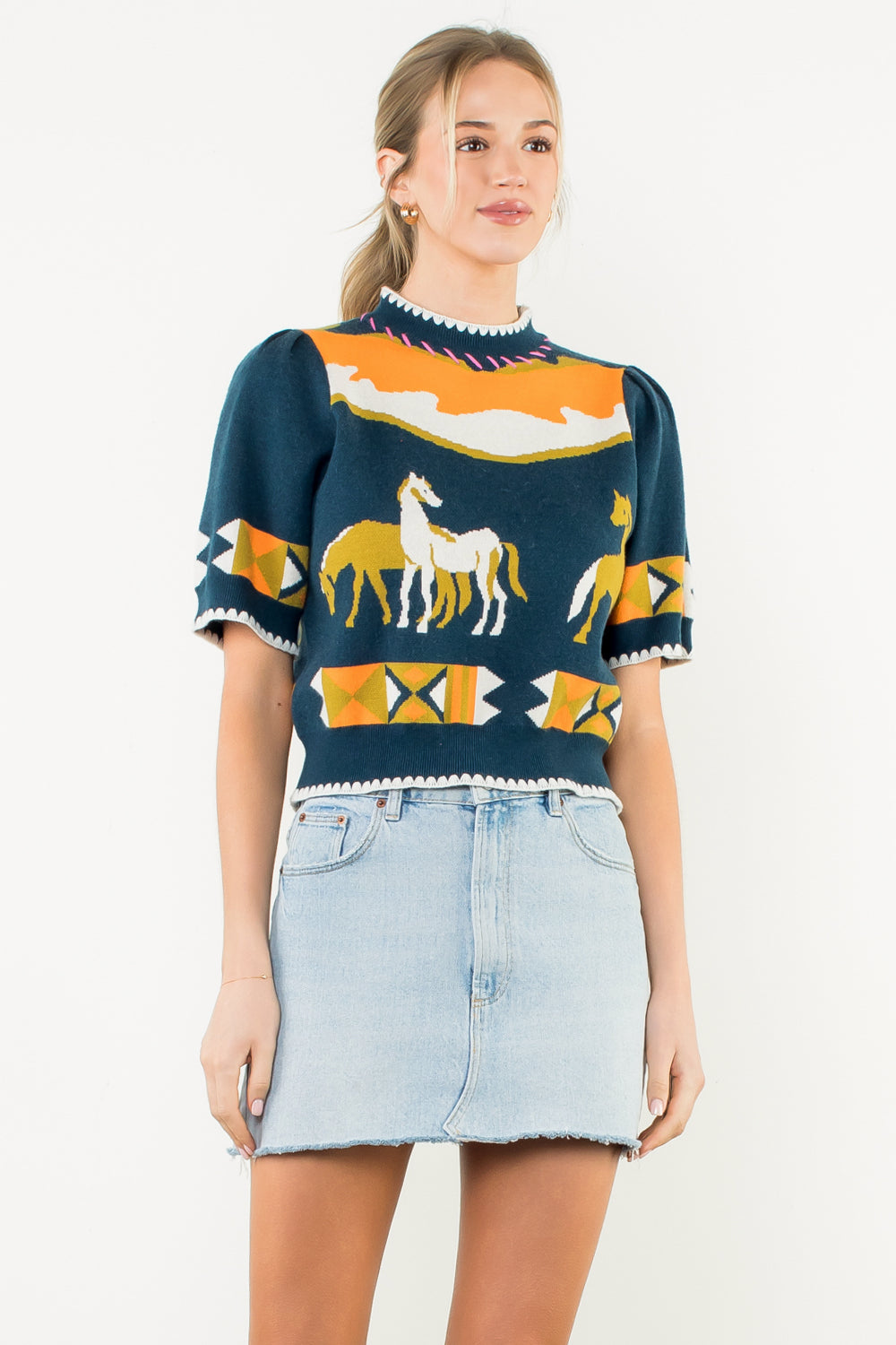 Short Sleeve Horse Detail Top - Navy