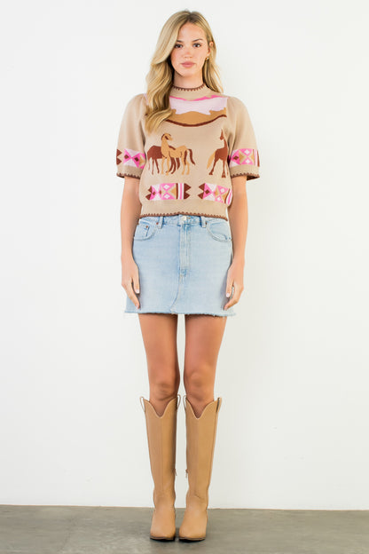 Short Sleeve Horse Detail Top - Beige