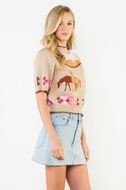 Short Sleeve Horse Detail Top - Beige