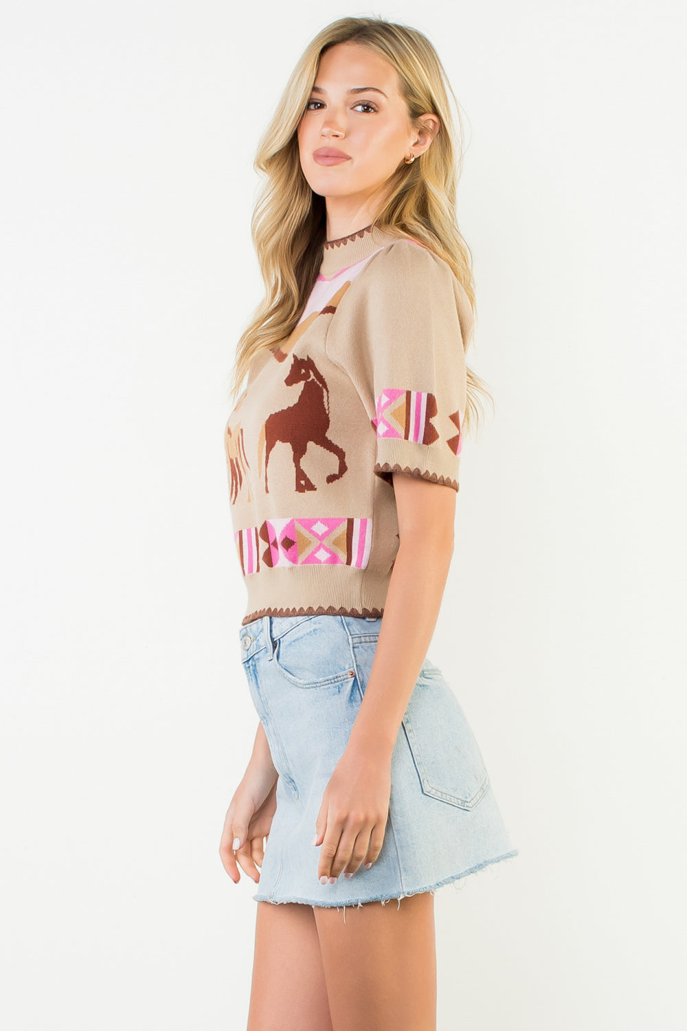 Short Sleeve Horse Detail Top - Beige