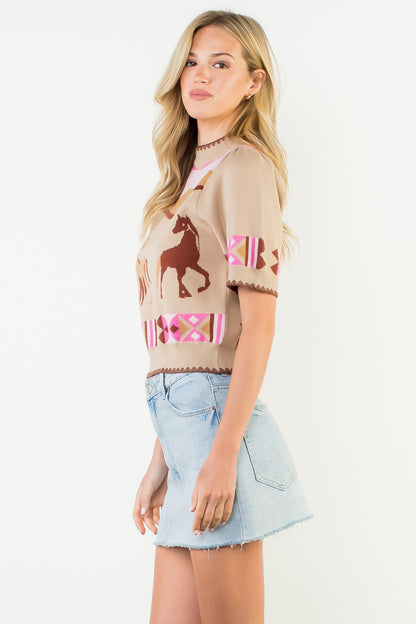 Short Sleeve Horse Detail Top - Beige