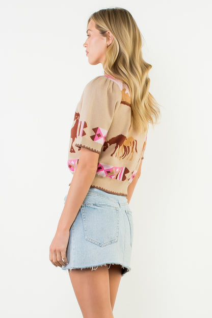 Short Sleeve Horse Detail Top - Beige