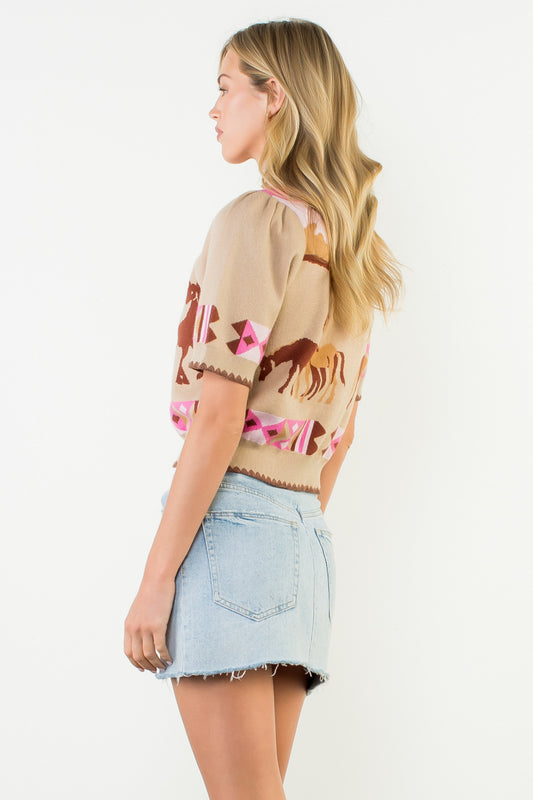 Short Sleeve Horse Detail Top - Beige