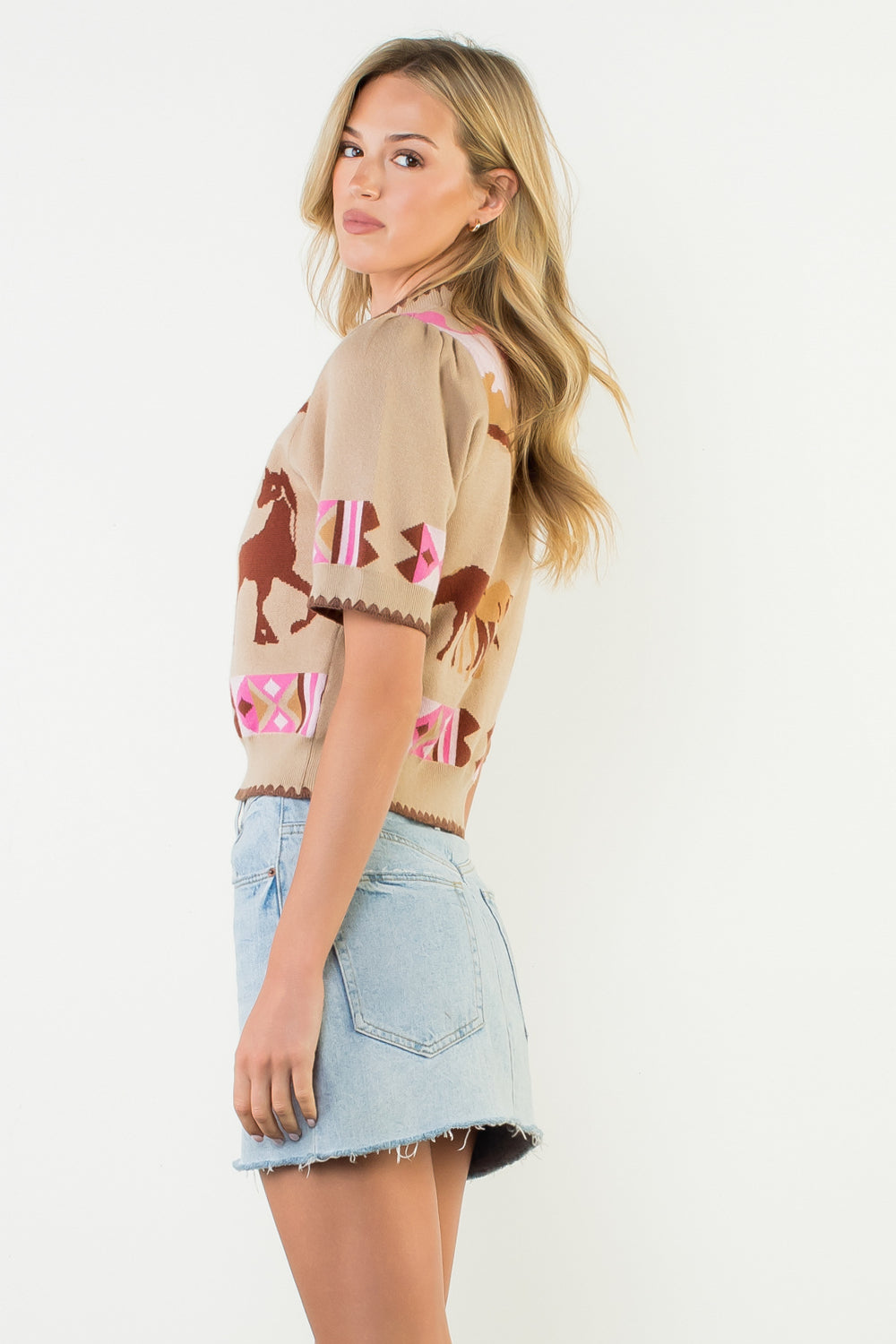 Short Sleeve Horse Detail Top - Beige
