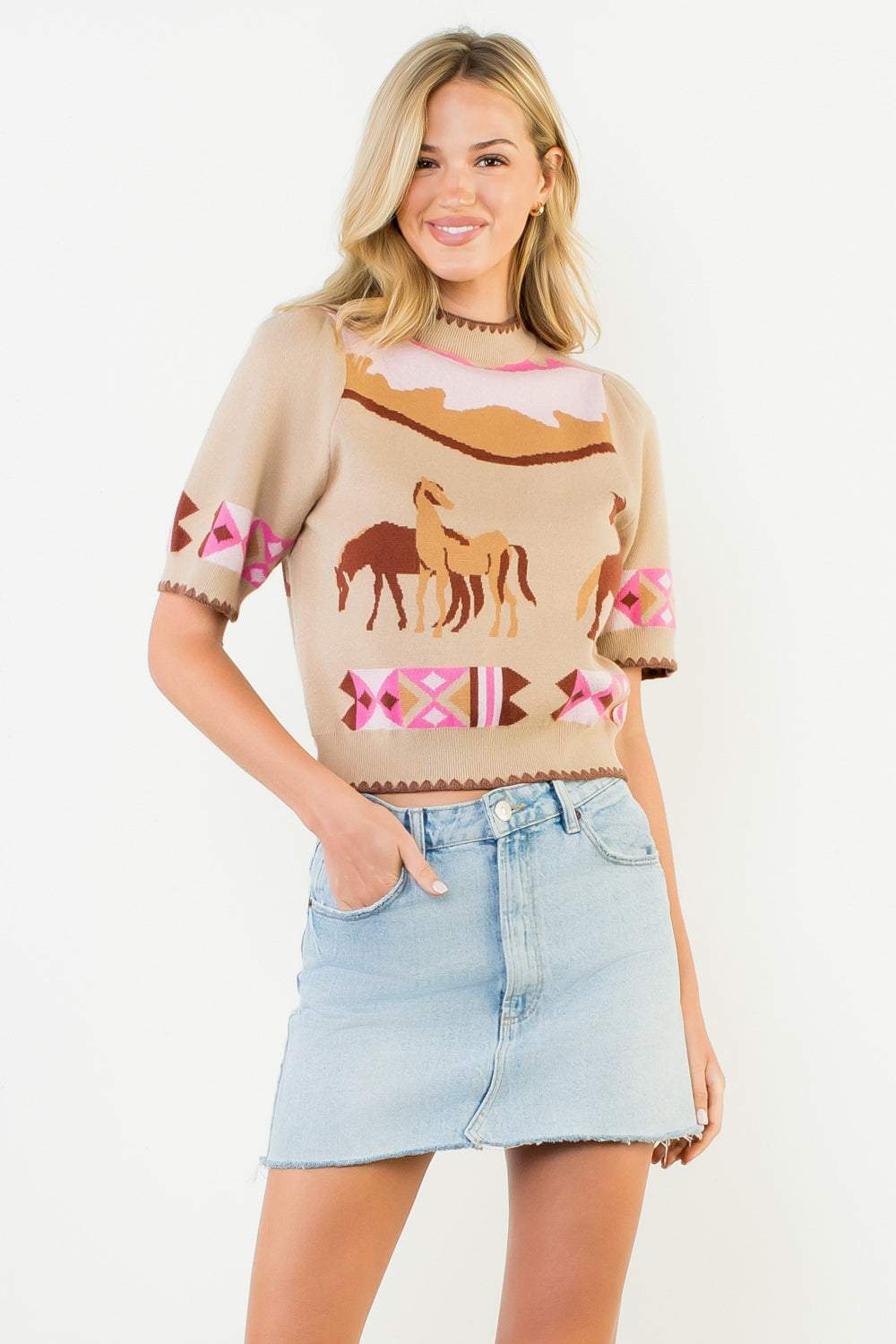 Short Sleeve Horse Detail Top - Beige