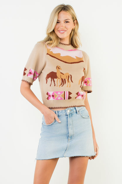 Short Sleeve Horse Detail Top - Beige