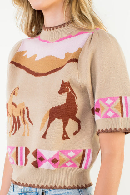 Short Sleeve Horse Detail Top - Beige