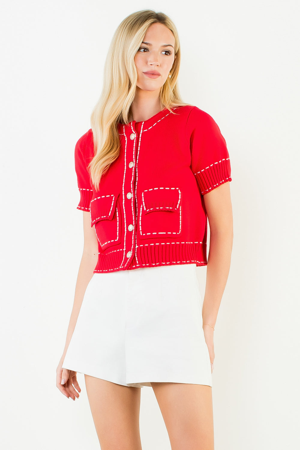 Short Sleeve Knitted Button Up Top - Red