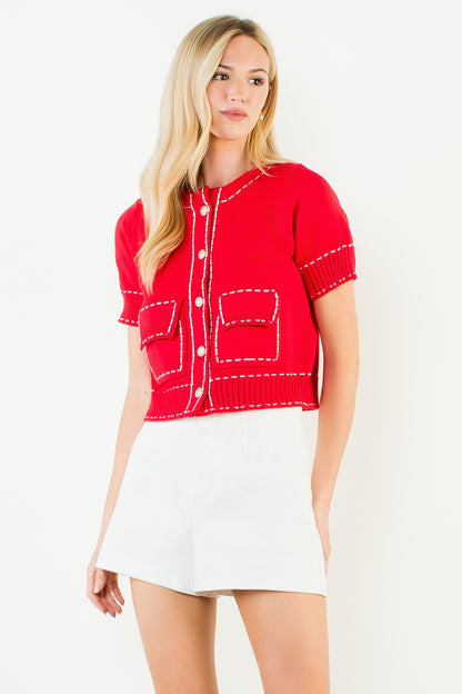 Short Sleeve Knitted Button Up Top - Red
