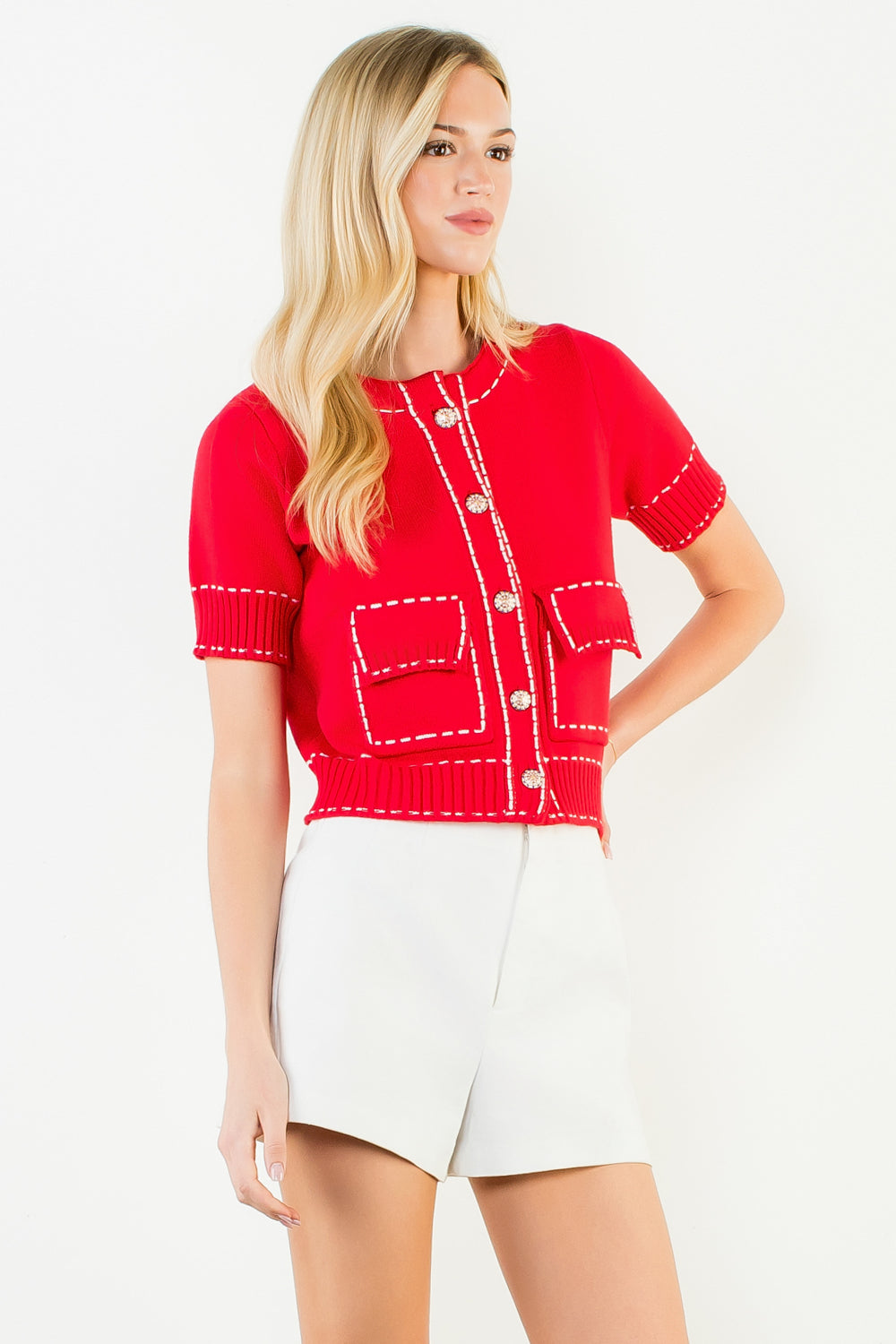 Short Sleeve Knitted Button Up Top - Red