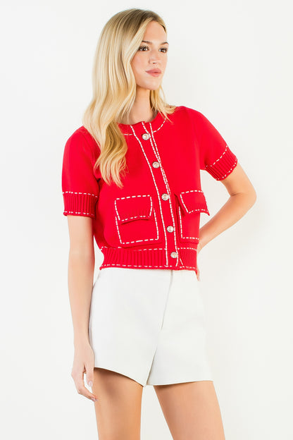 Short Sleeve Knitted Button Up Top - Red