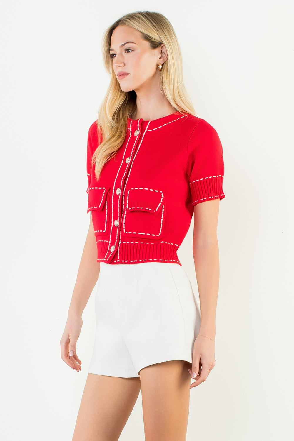 Short Sleeve Knitted Button Up Top - Red