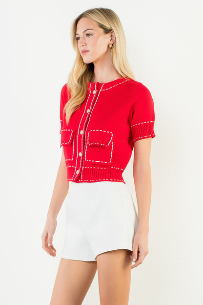 Short Sleeve Knitted Button Up Top - Red