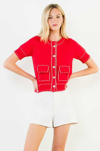Short Sleeve Knitted Button Up Top - Red