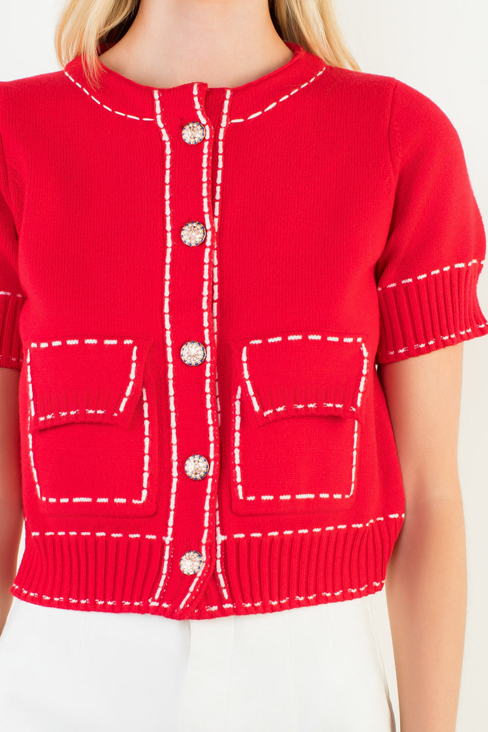 Short Sleeve Knitted Button Up Top - Red