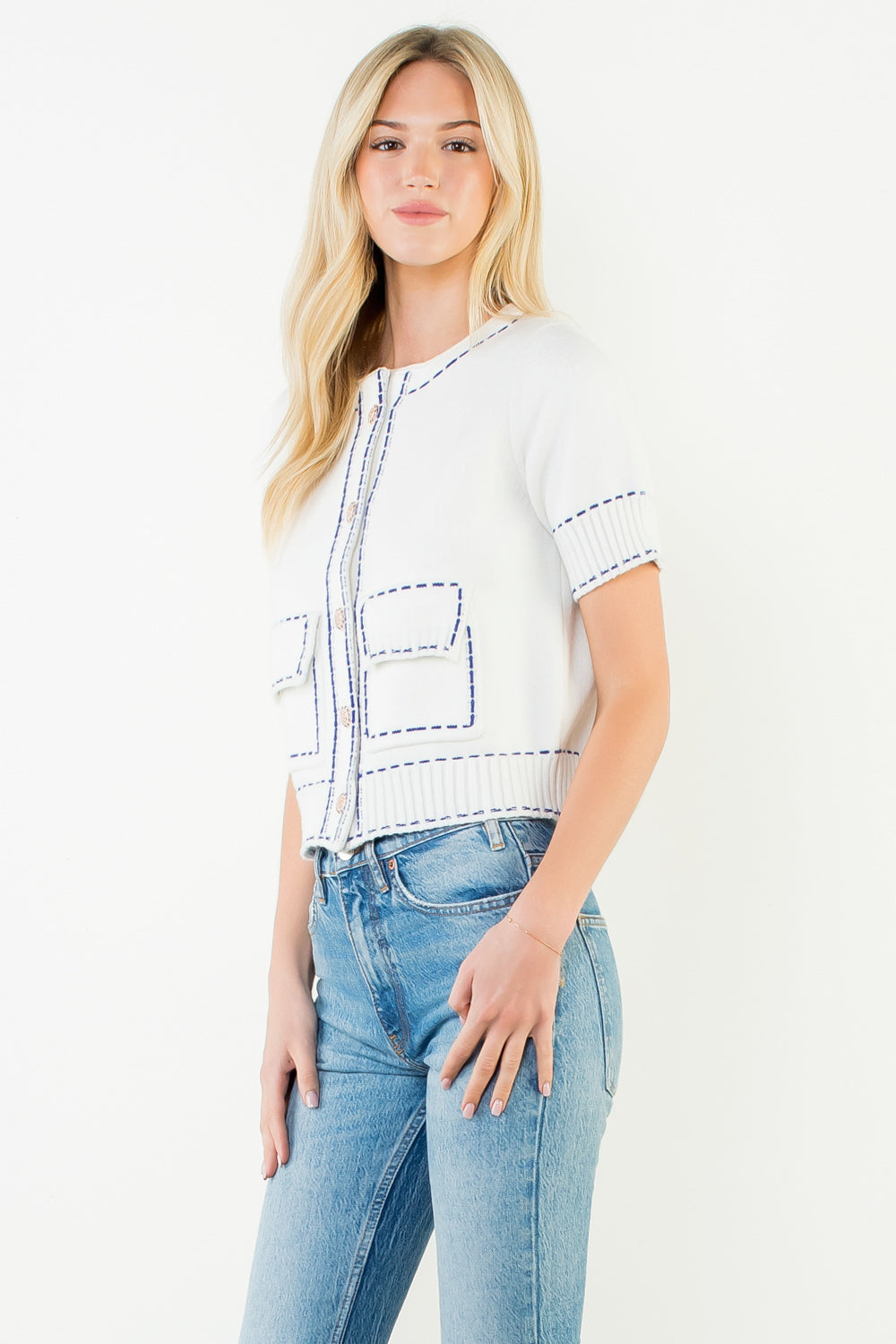Short Sleeve Knitted Button Up Top - White
