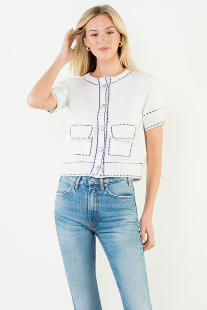 Short Sleeve Knitted Button Up Top - White