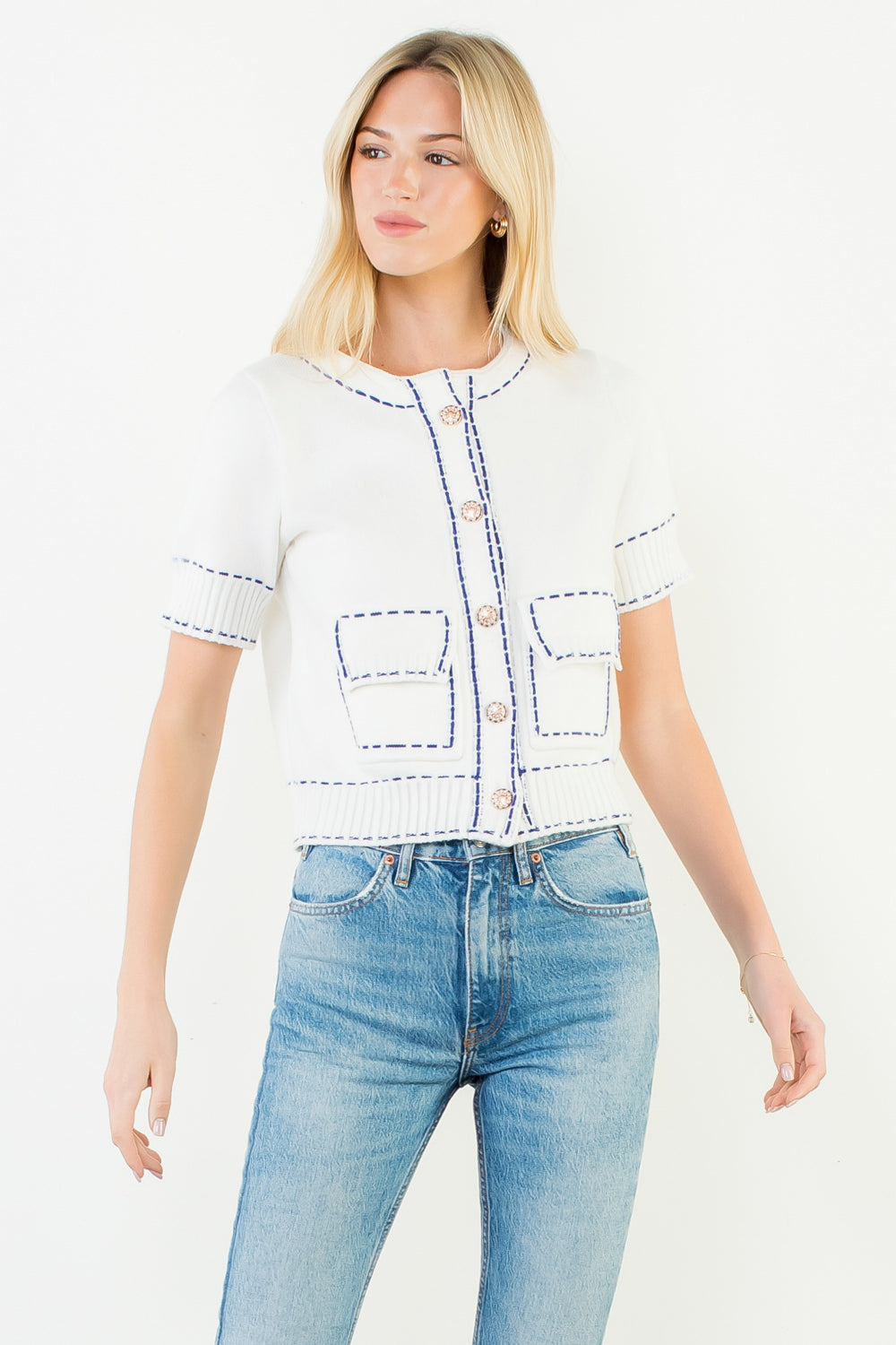 Short Sleeve Knitted Button Up Top - White