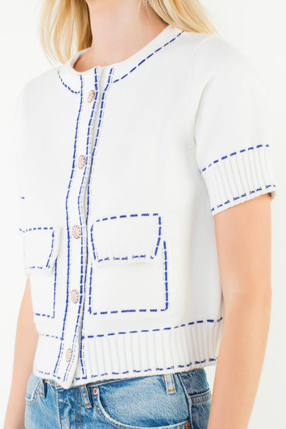 Short Sleeve Knitted Button Up Top - White