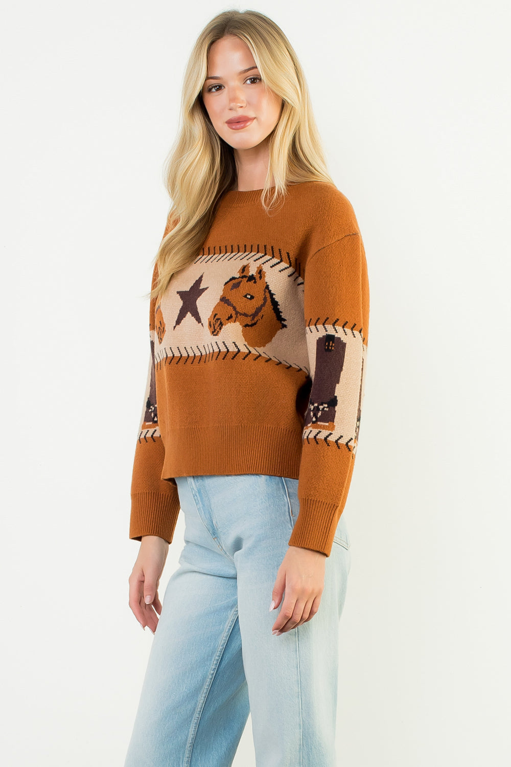 Long Sleeve Knit Sweater - Brown