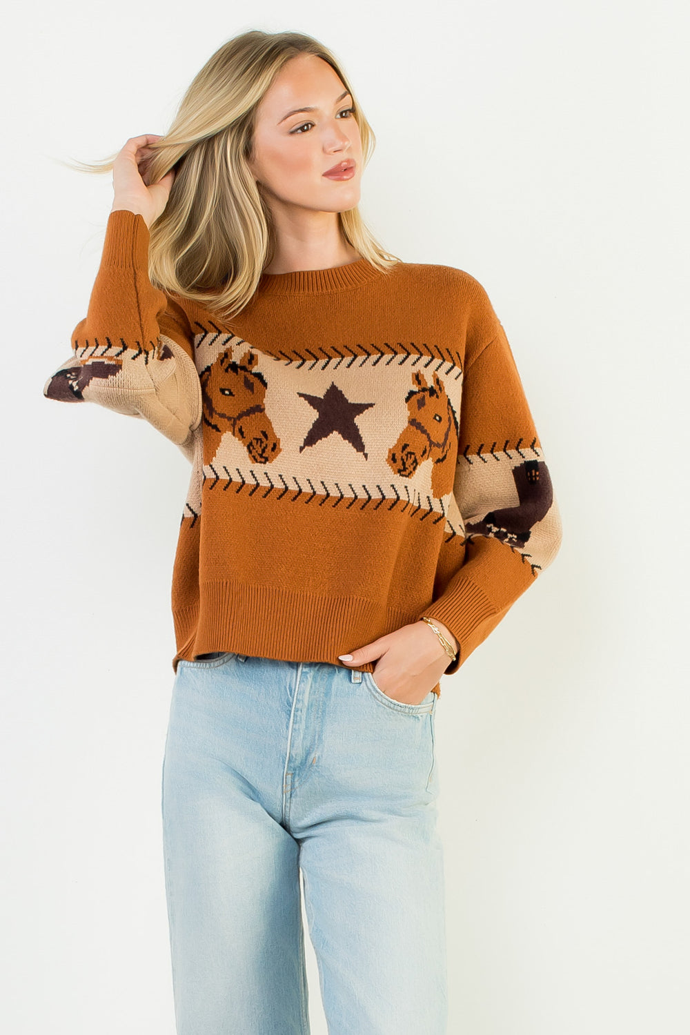 Long Sleeve Knit Sweater - Brown