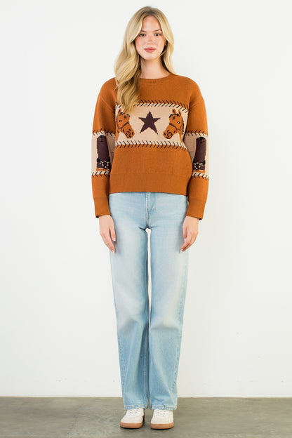 Long Sleeve Knit Sweater - Brown