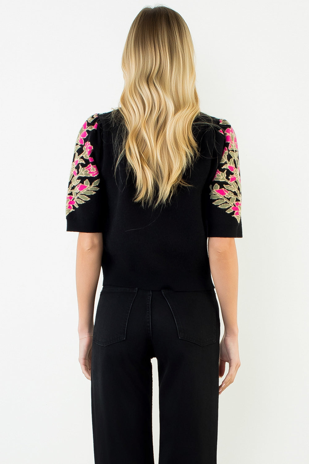Short Sleeve Floral Pattern Sweater - Black