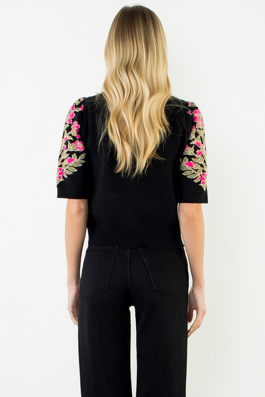Short Sleeve Floral Pattern Sweater - Black