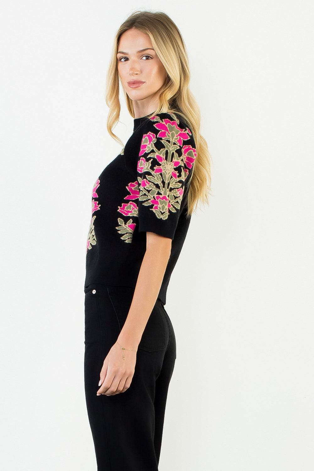 Short Sleeve Floral Pattern Sweater - Black