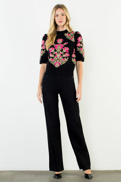 Short Sleeve Floral Pattern Sweater - Black