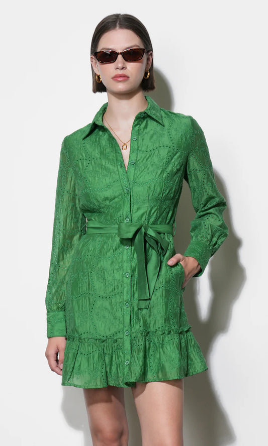 Tabitha Embroidered Cinched Waist Mini Dress - Retro Green