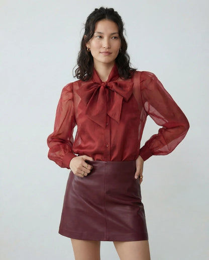 The Long Sleeve French Bow Shirt in Burgundy