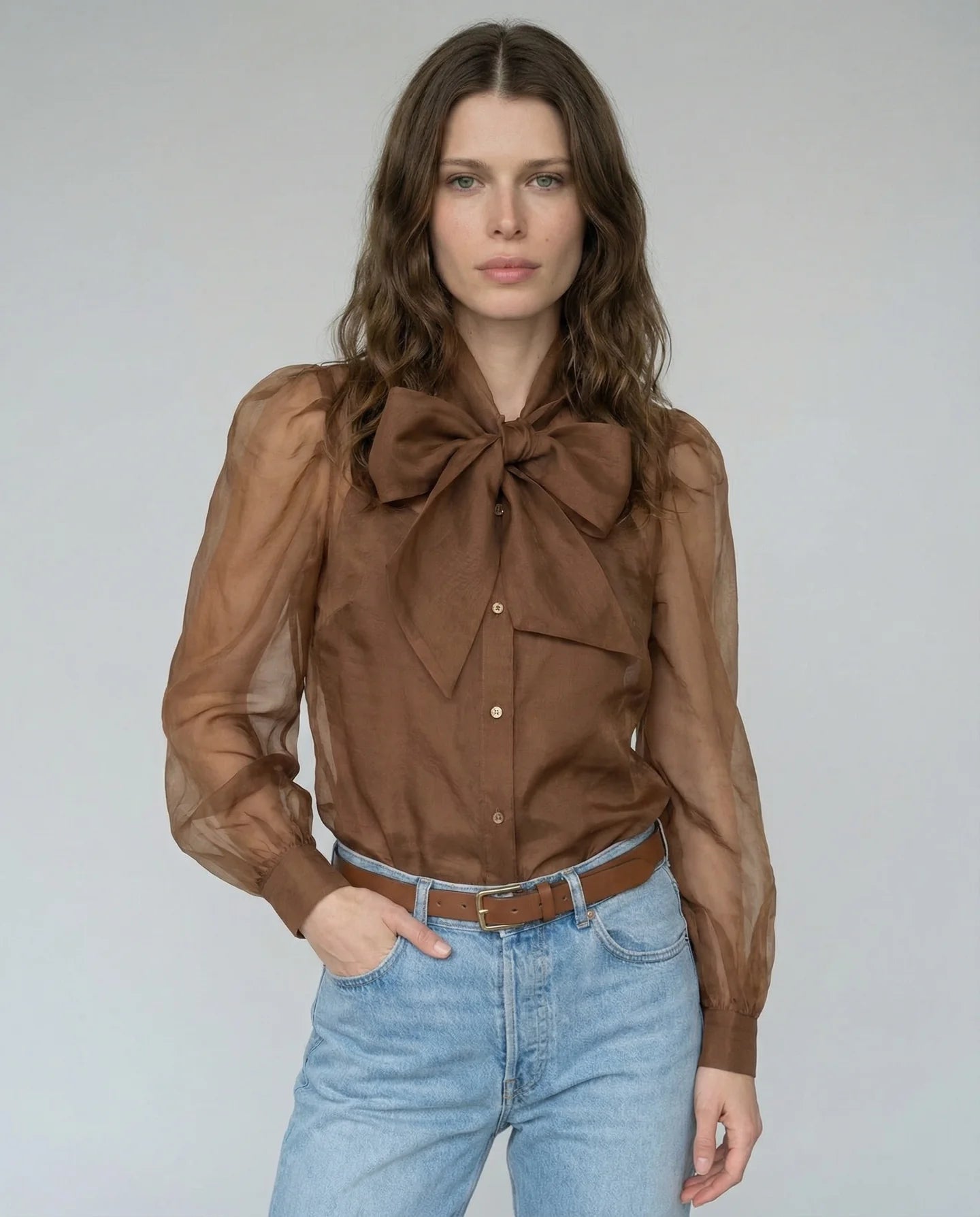 The Long Sleeve French Bow Shirt in Caramel