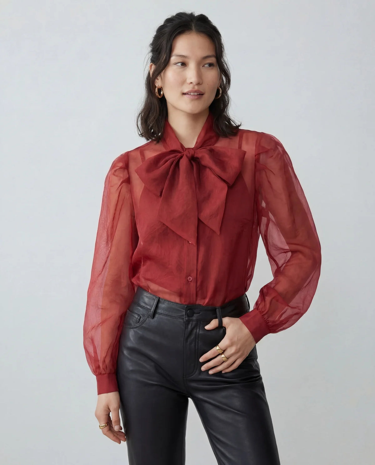 The Long Sleeve French Bow Shirt in Burgundy