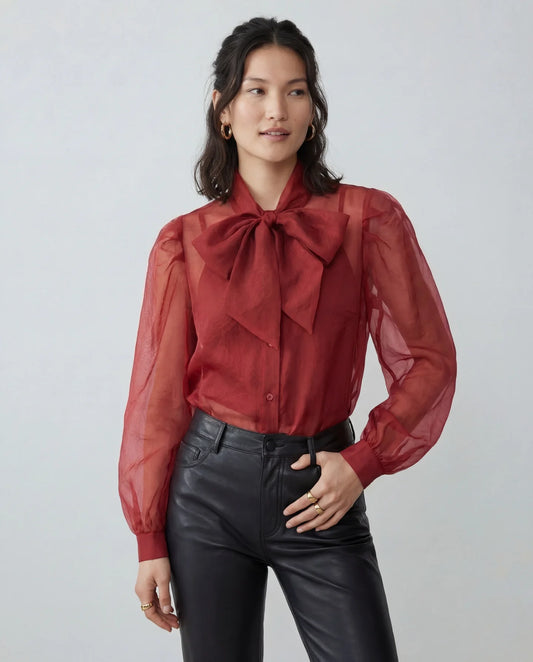 The Long Sleeve French Bow Shirt in Burgundy