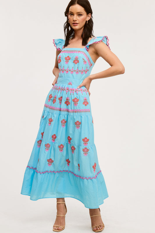 Ultramarine - Neon Embroidered Cotton Maxi Dress - Blue Topaz