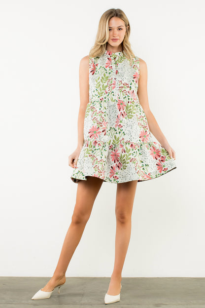 Sleeveless Flower Embroidered Dress - Cream