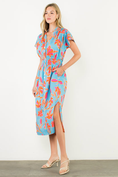 Smocked Waist Floral Maxi Dress - Light Blue