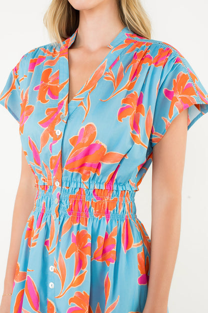 Smocked Waist Floral Maxi Dress - Light Blue