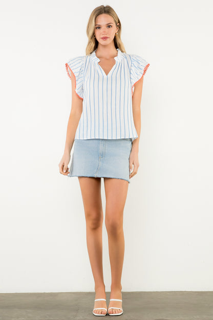 Flutter Sleeve Striped Top - Light Blue