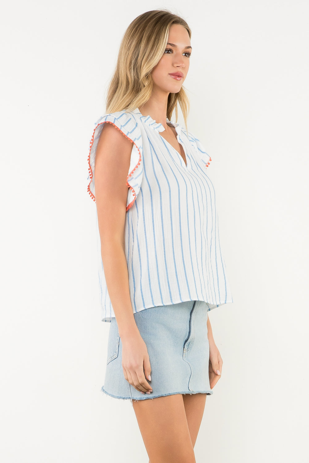 Flutter Sleeve Striped Top - Light Blue