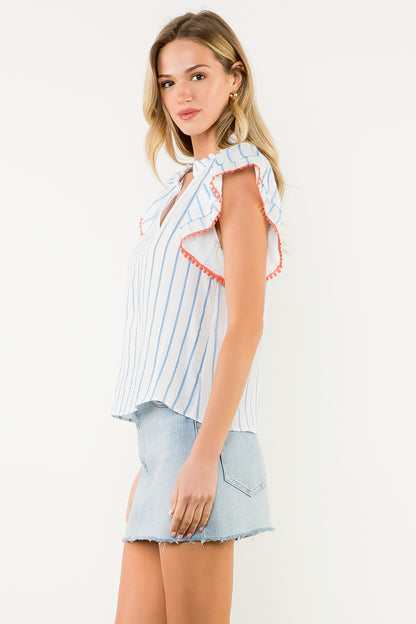 Flutter Sleeve Striped Top - Light Blue