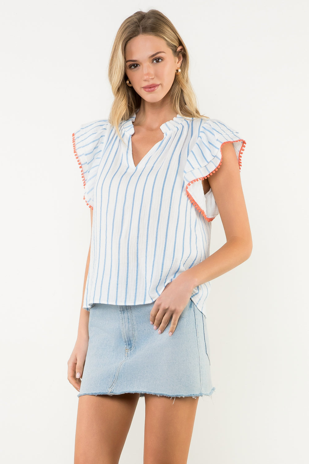 Flutter Sleeve Striped Top - Light Blue