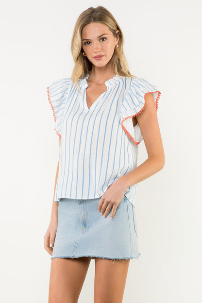 Flutter Sleeve Striped Top - Light Blue