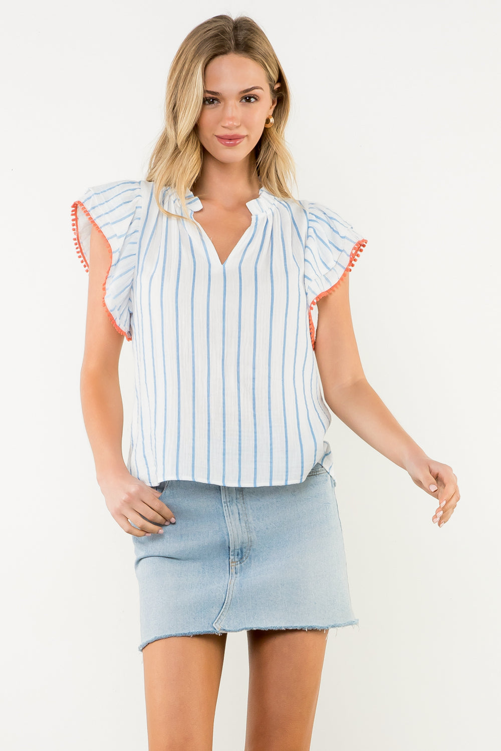 Flutter Sleeve Striped Top - Light Blue
