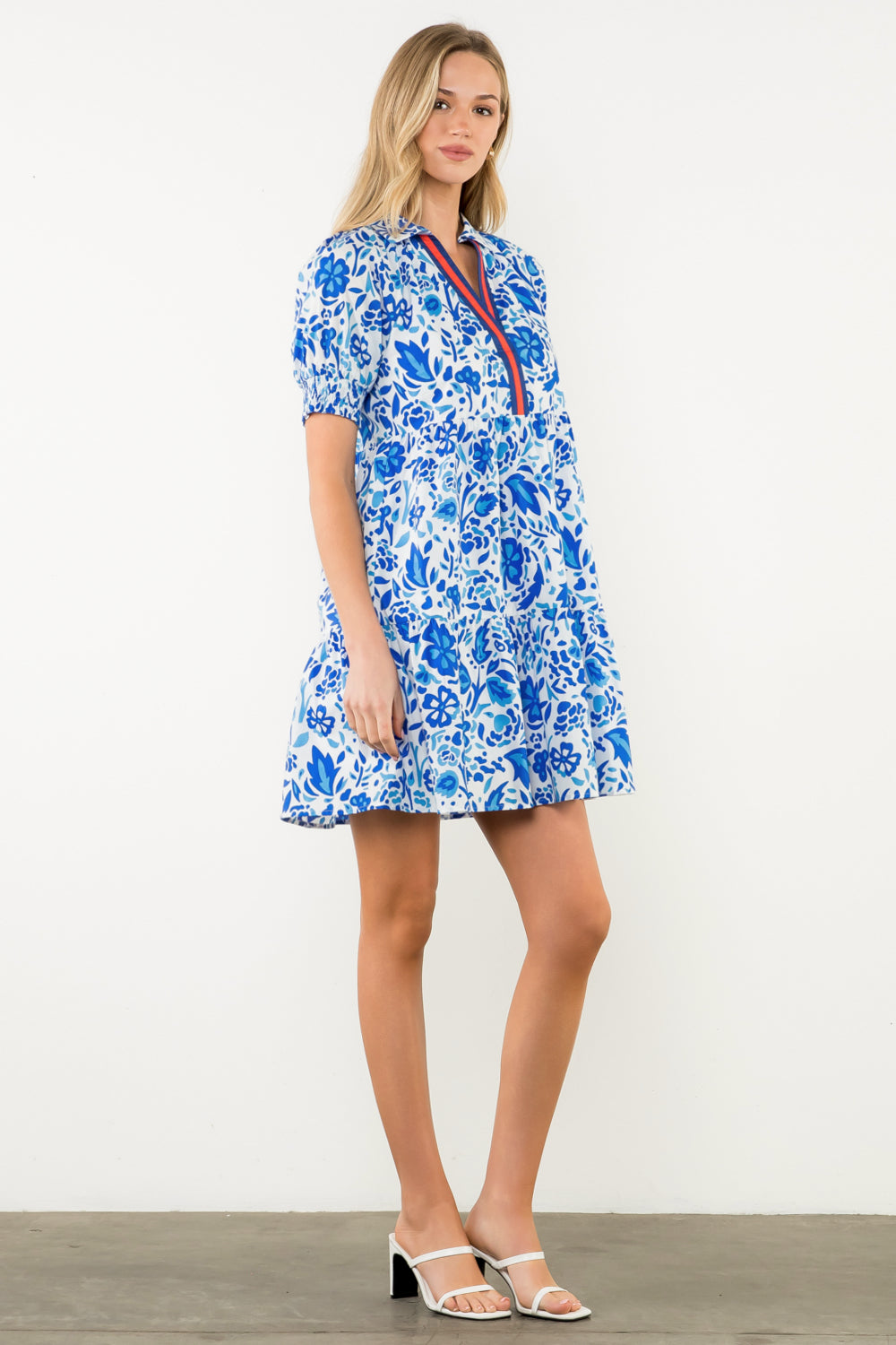 Short Sleeve Flower Print Dress - Blue