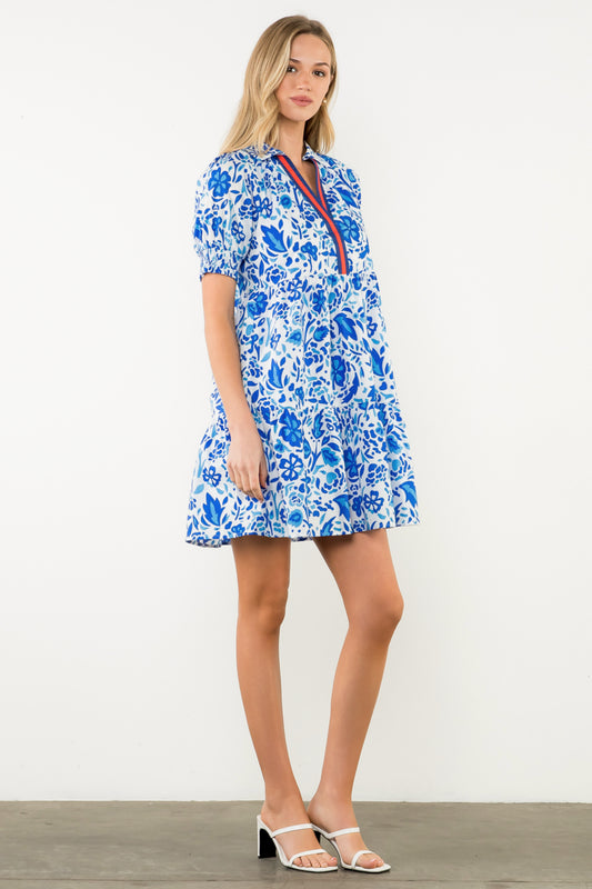 Short Sleeve Flower Print Dress - Blue