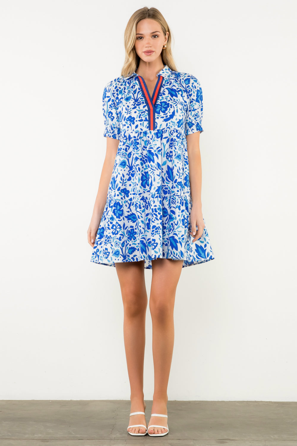 Short Sleeve Flower Print Dress - Blue
