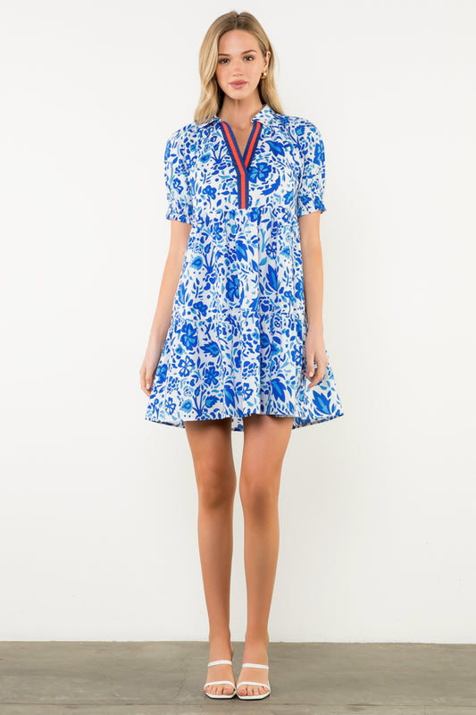 Short Sleeve Flower Print Dress - Blue