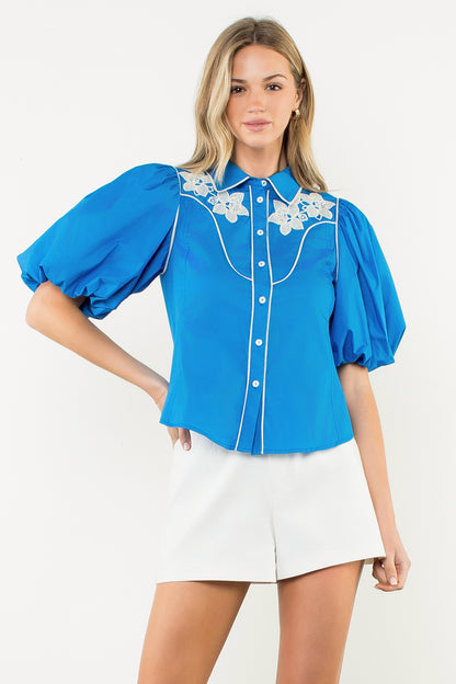 Puff Sleeve Flower Embroidered Top - Blue